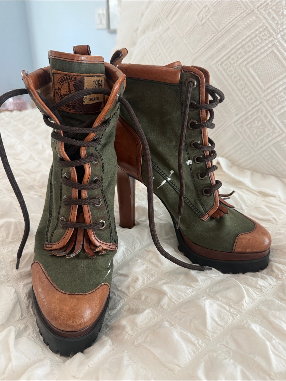 DSQUARED Olive Green and Brown Lace-Up High Heel Ankle Boots